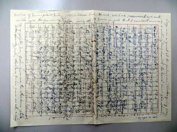晩年の美知代は、書き損じの原稿用紙にビッシリと英語を書いて練習した。〔府中市上下歴史文化資料館蔵〕