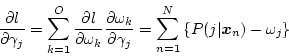 \begin{displaymath}
\frac{\partial l}{\partial \gamma_j} = \sum_{k=1}^O \frac{\...
...}^N \left\{ P(j\vert\mbox{\boldmath$x$}_n) - \omega_j \right\}
\end{displaymath}
