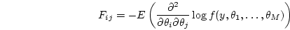 \begin{displaymath}
F_{ij} = - E \left( \frac{\partial^2}{\partial \theta_i \partial \theta_j}
\log f(y,\theta_1,\ldots,\theta_M) \right)
\end{displaymath}