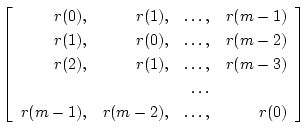 $\displaystyle \left[
\begin{array}{rrrr}
r(0), & r(1), & \ldots, & r(m-1) \\
r...
...m-3) \\
& & \ldots & \\
r(m-1), & r(m-2), & \ldots, & r(0)
\end{array}\right]$