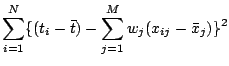 $\displaystyle \sum_{i=1}^N \{ (t_i - \bar{t}) - \sum_{j=1}^M w_j (x_{ij} - \bar{x}_j) \}^2$