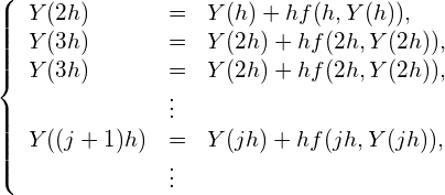 \begin{equation*} \left\{ \begin{array}{lll} Y(2h) &=& Y(h)+hf(h, Y(h)), \\ Y(3h) &=& Y(2h)+hf(2h, Y(2h)), \\ Y(3h) &=& Y(2h)+hf(2h, Y(2h)), \\ &\vdots& \\ Y((j+1)h) &=& Y(jh)+hf(jh, Y(jh)), \\ &\vdots& \\ \end{array} \right. \end{equation*}