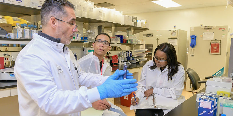 Three scientists in a lab: one explaining with a pipette, two listening and taking notes. White coats, bright lab setting, focused mood.